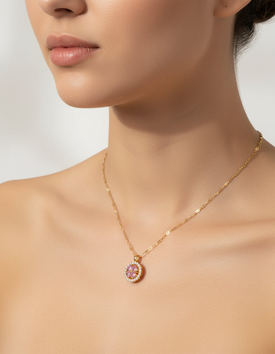 Pink Pendant Gold Rotating Necklace