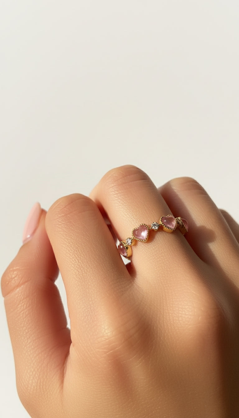 Pink Heart and Zirconia Adjustable Gold Ring