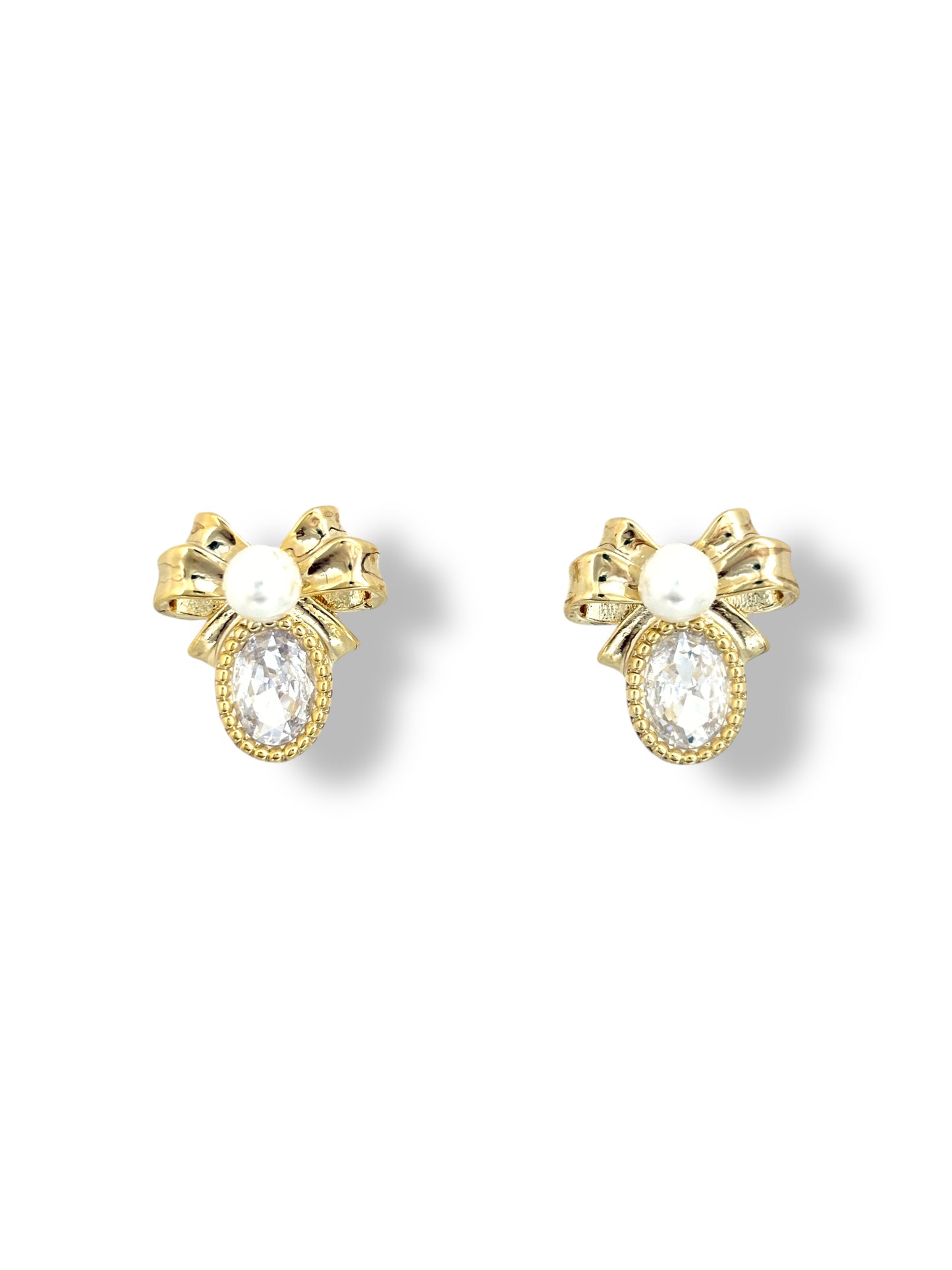 C.Z faux pearl bow gold earrings