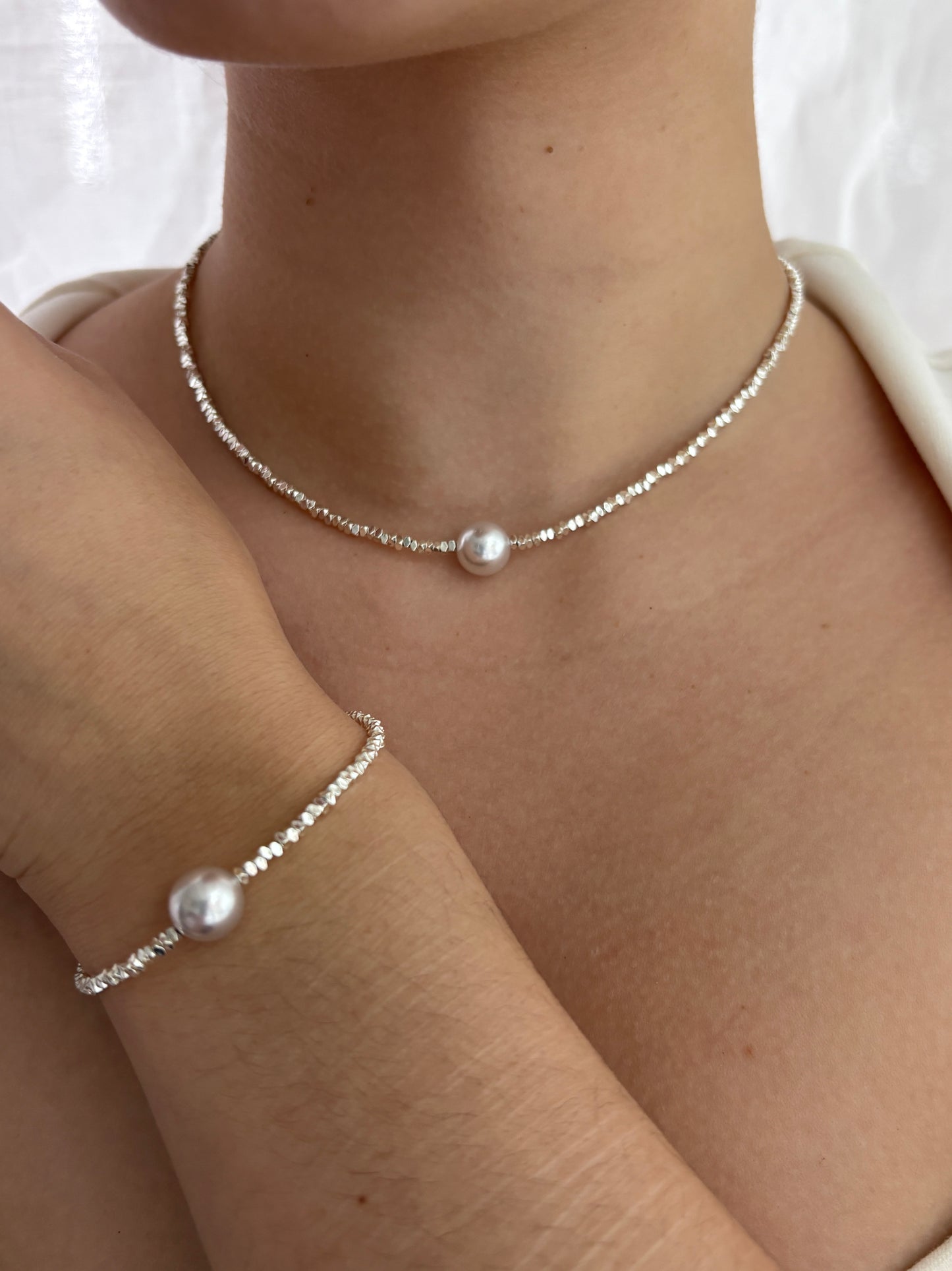 Solid Silver Faux Pearl Nugget Bracelet