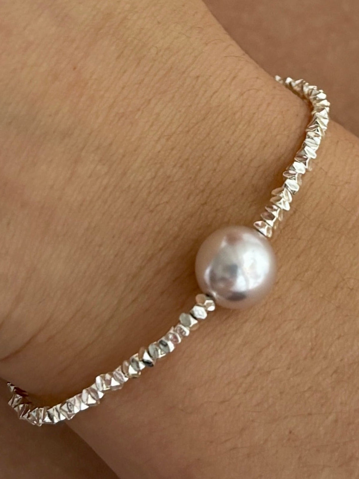 Solid Silver Faux Pearl Nugget Necklace