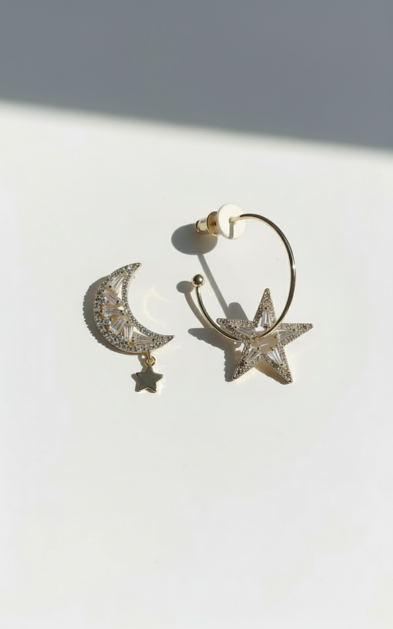 Asymmetrical Moon and Star Duo Earrings
