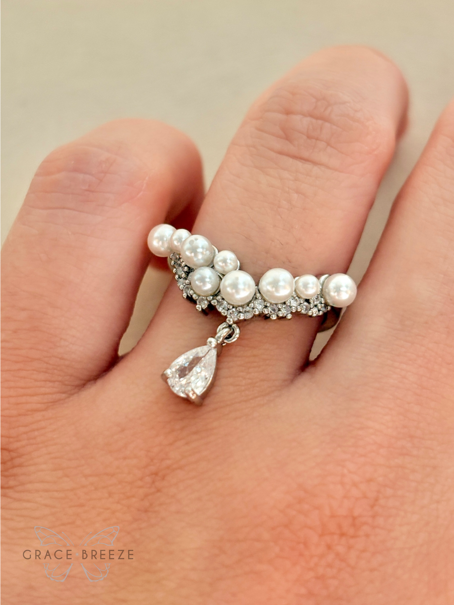 Pearl Droplet Tiara Adjustable Ring