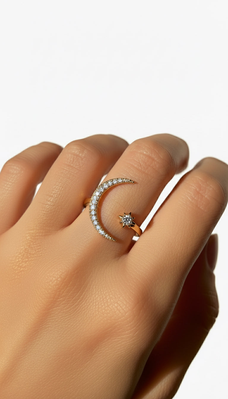 Gold Star & Moon Adjustable Ring