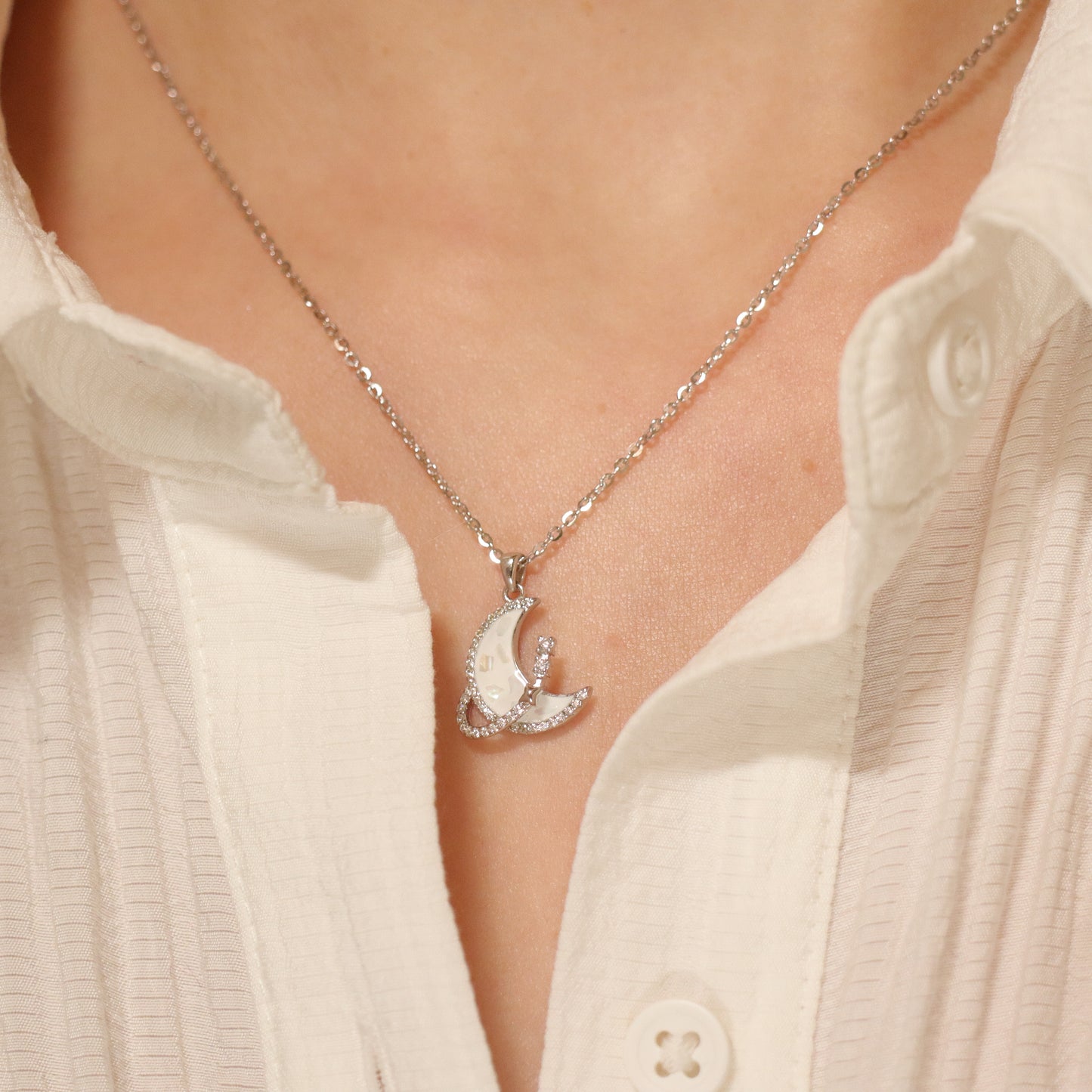 Celestial Crescent Moon Pendant Solid Silver Necklace