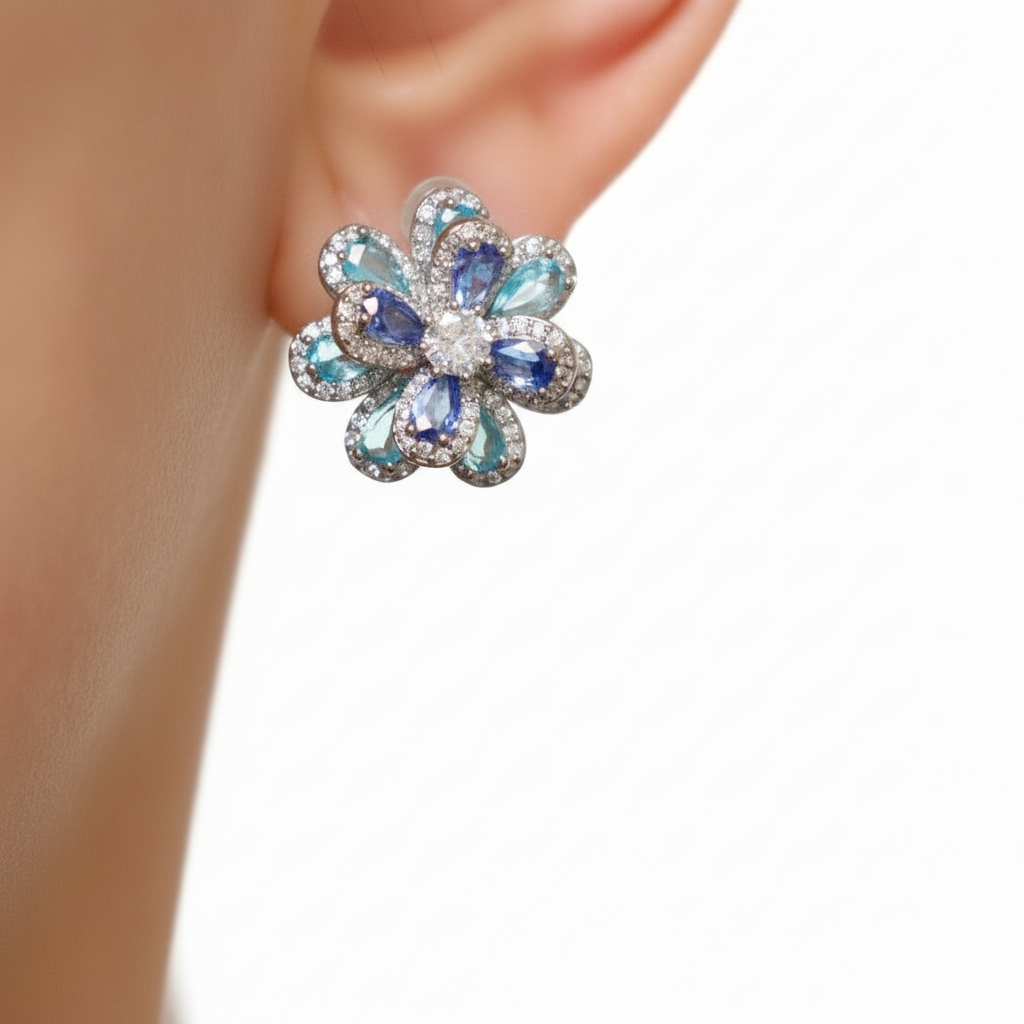 Blue Flower Zirconia Earrings