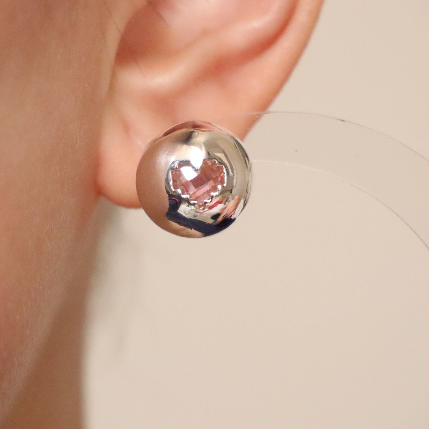 Pixilated Pink Heart Silver Stud Earrings