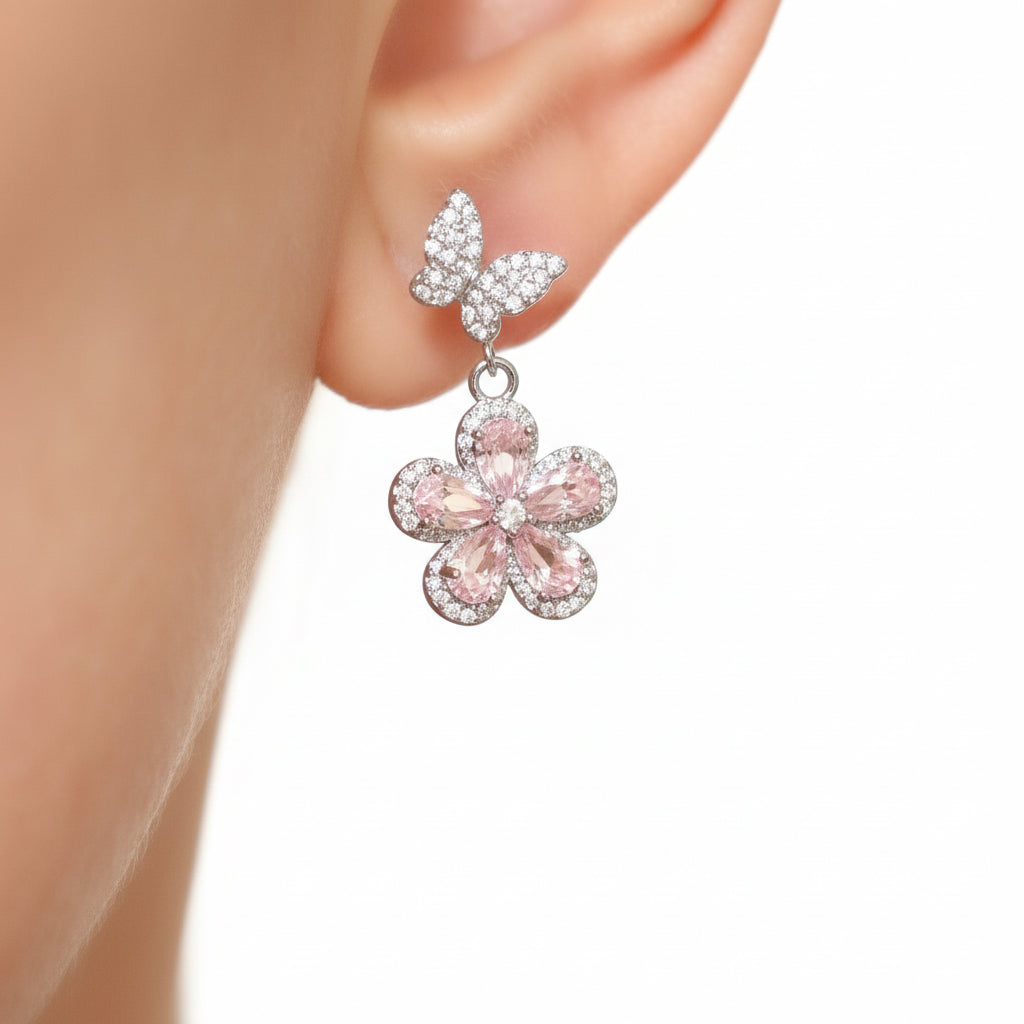 C.Z. Butterfly & Pink flower earrings