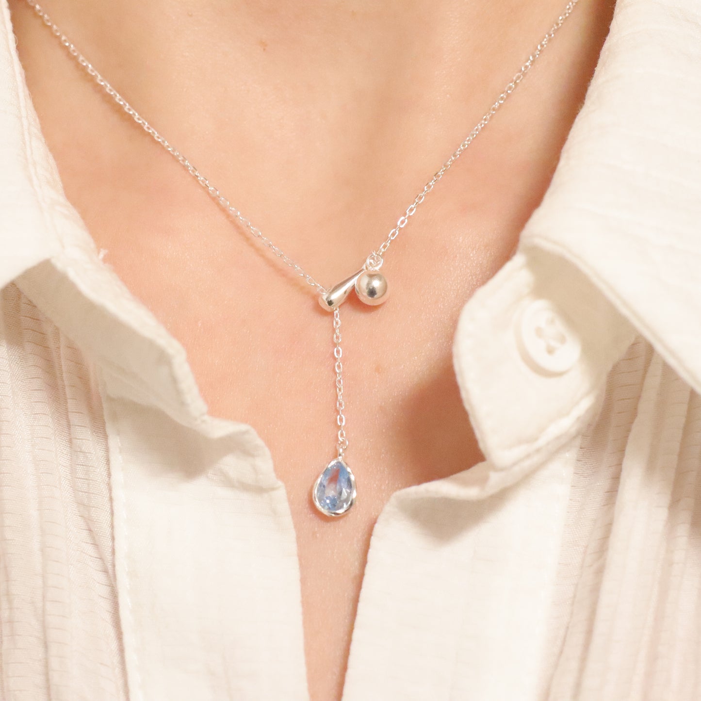Ethereal Blue Zirconia Drop Solid Silver Necklace