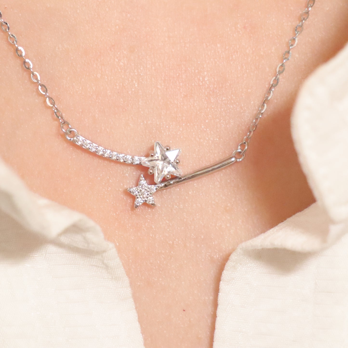 Sparkling Star-fall Duo Zirconia Solid Silver Necklace