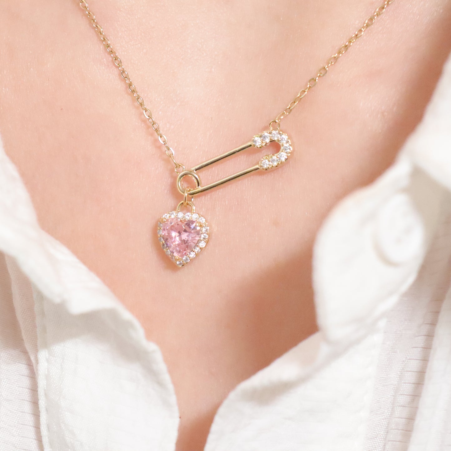 Pink Heart Gold Safety Pin Necklace