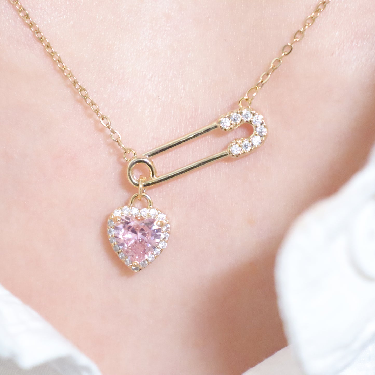 Pink Heart Gold Safety Pin Necklace
