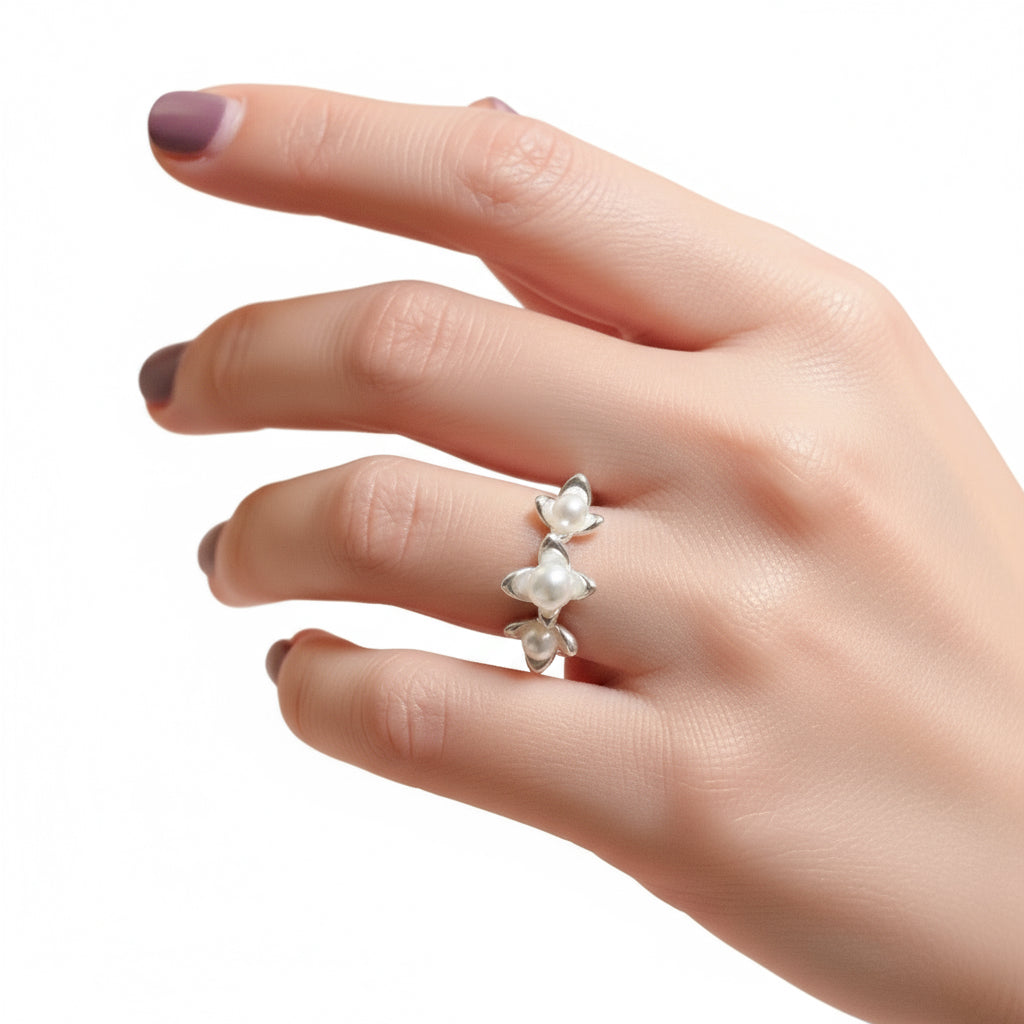 Silver Pearl Flower Adjustable Ring
