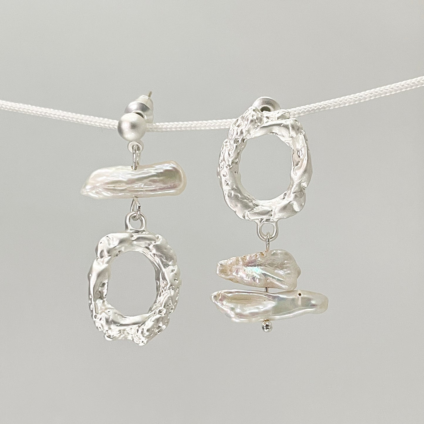 Asymmetrical Silver Baroque Pearl Earrings