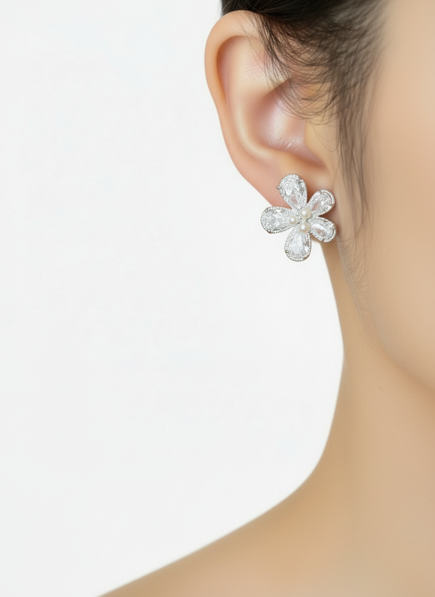 5 Petal Zirconia Flowers with Faux Pearl Detailing