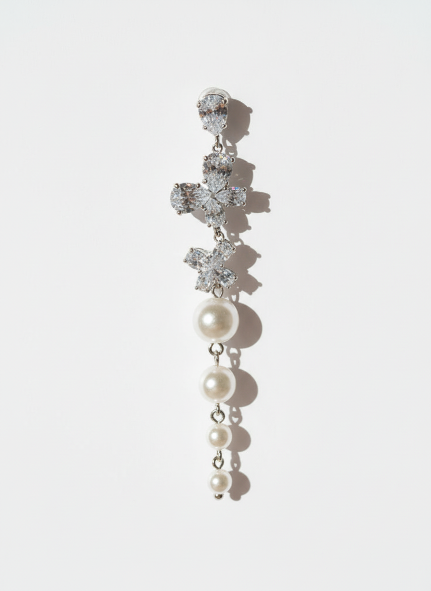 Long Dangling Zirconia Flowers with Faux Pearls Earrings