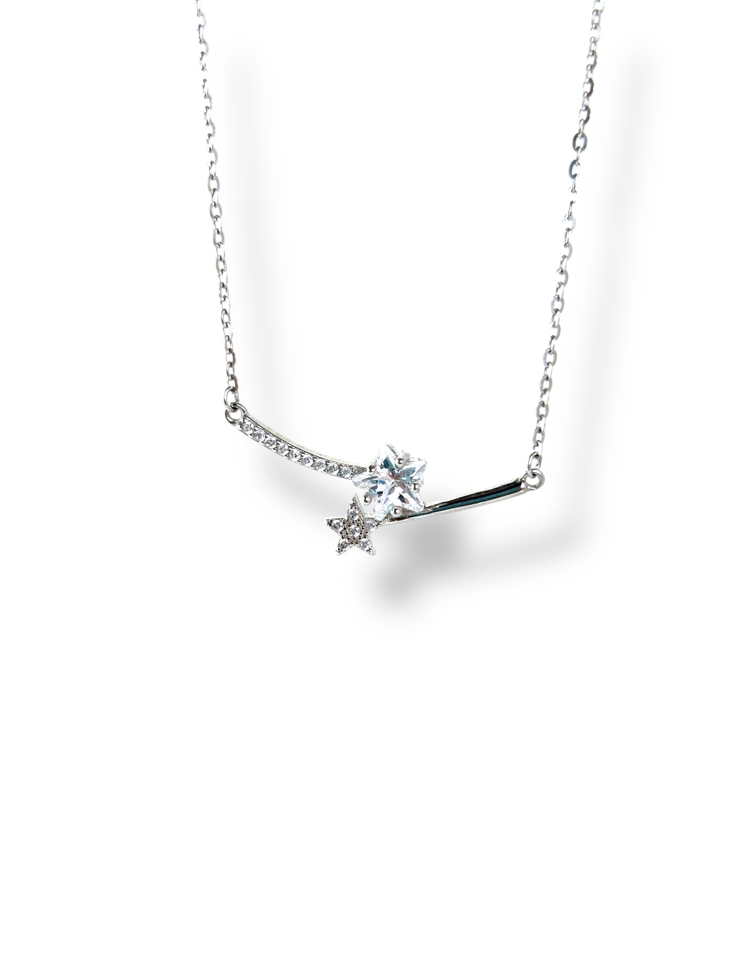 Sparkling Star-fall Duo Zirconia Solid Silver Necklace