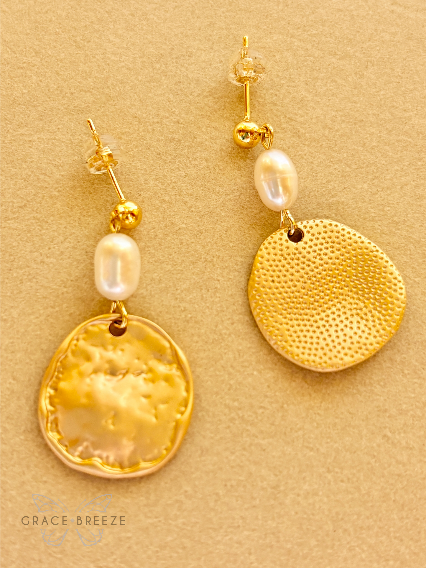 Gold Textured Pearl Drop Earrings