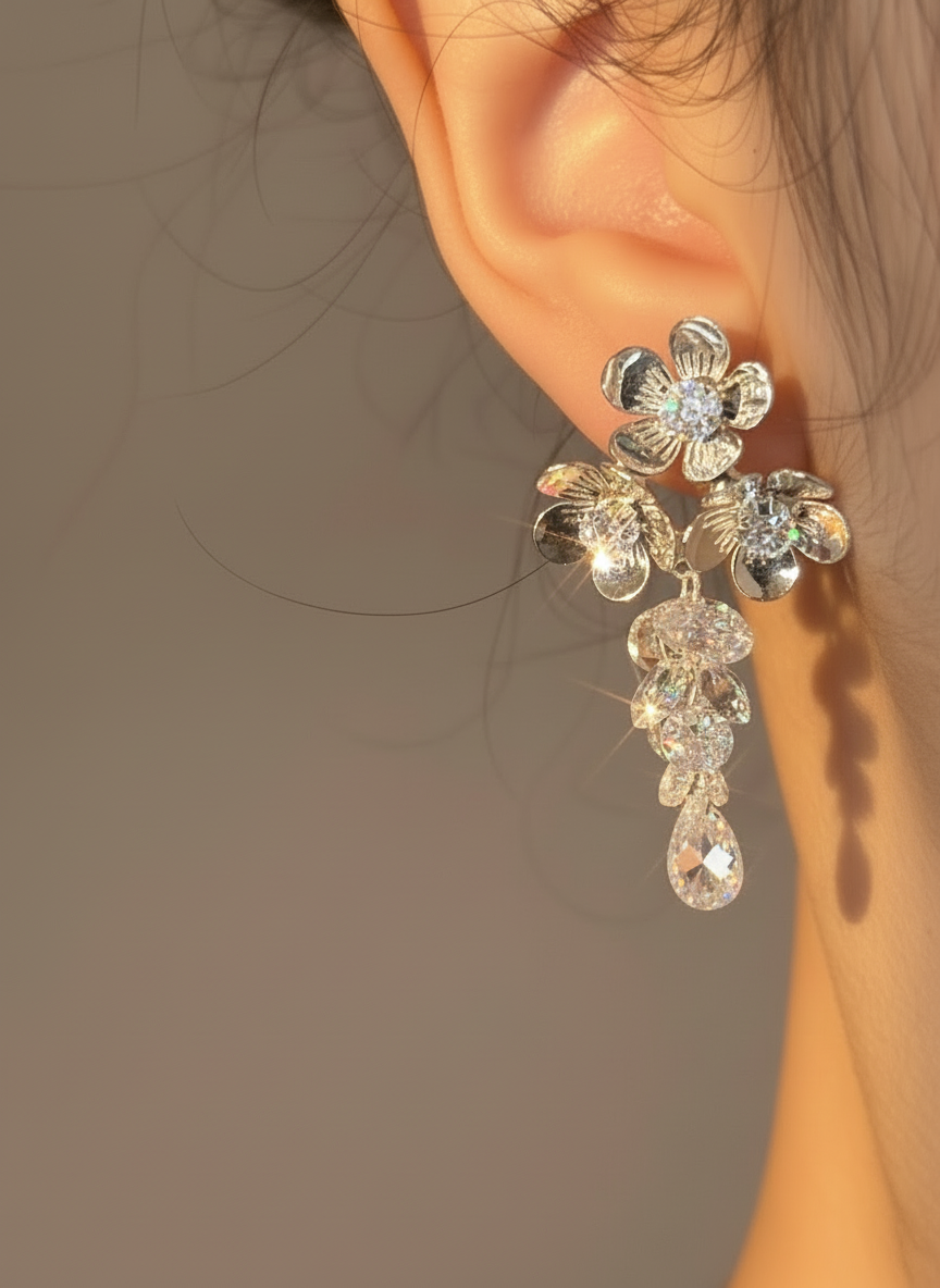 Flower Trio with Dangling Zirconias Silver Earrings