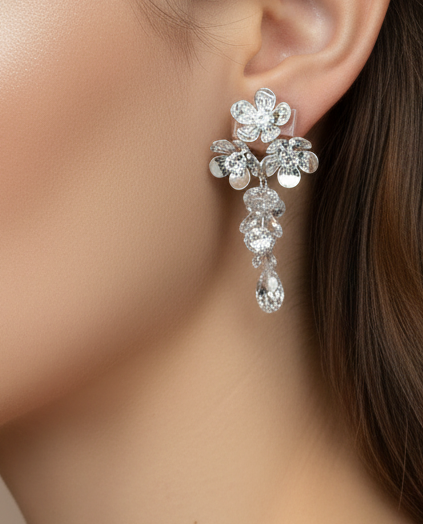 Flower Trio with Dangling Zirconias Silver Earrings