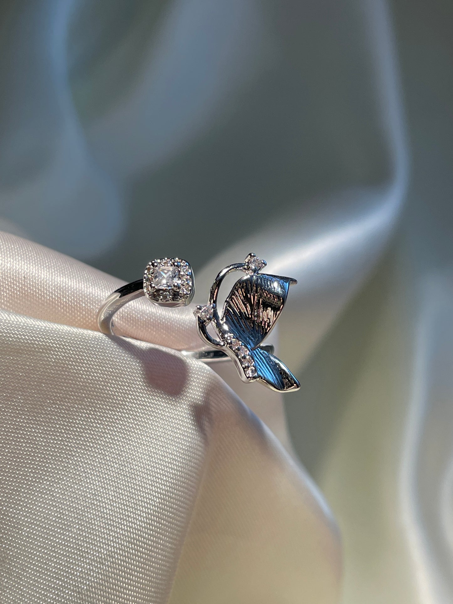 Silver Zirconia Flower and Butterfly Adjustable Ring