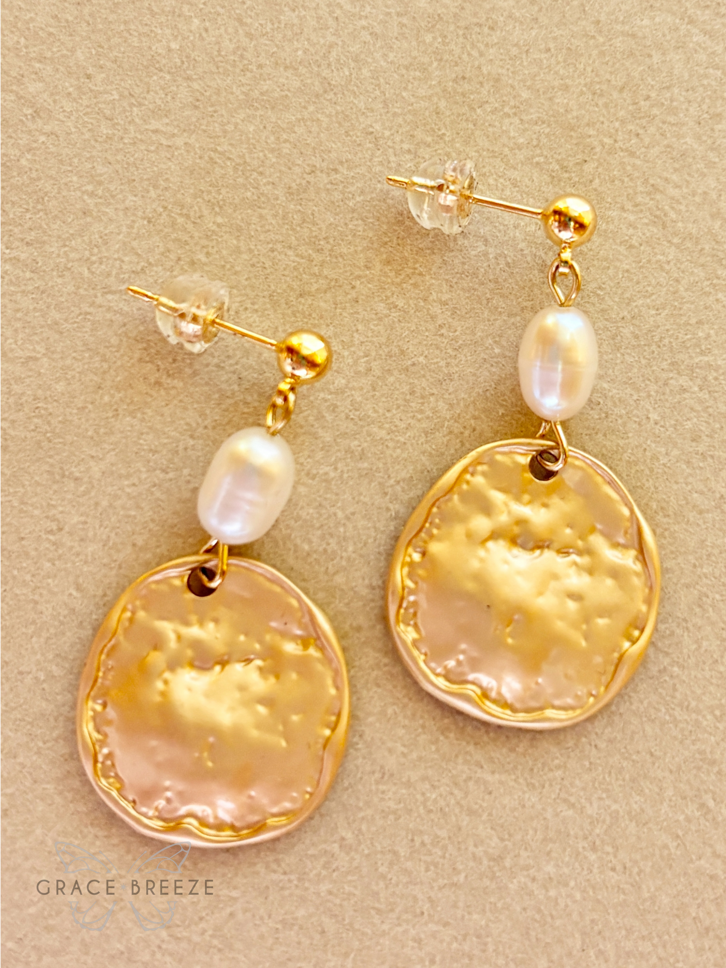 Gold Textured Pearl Drop Earrings