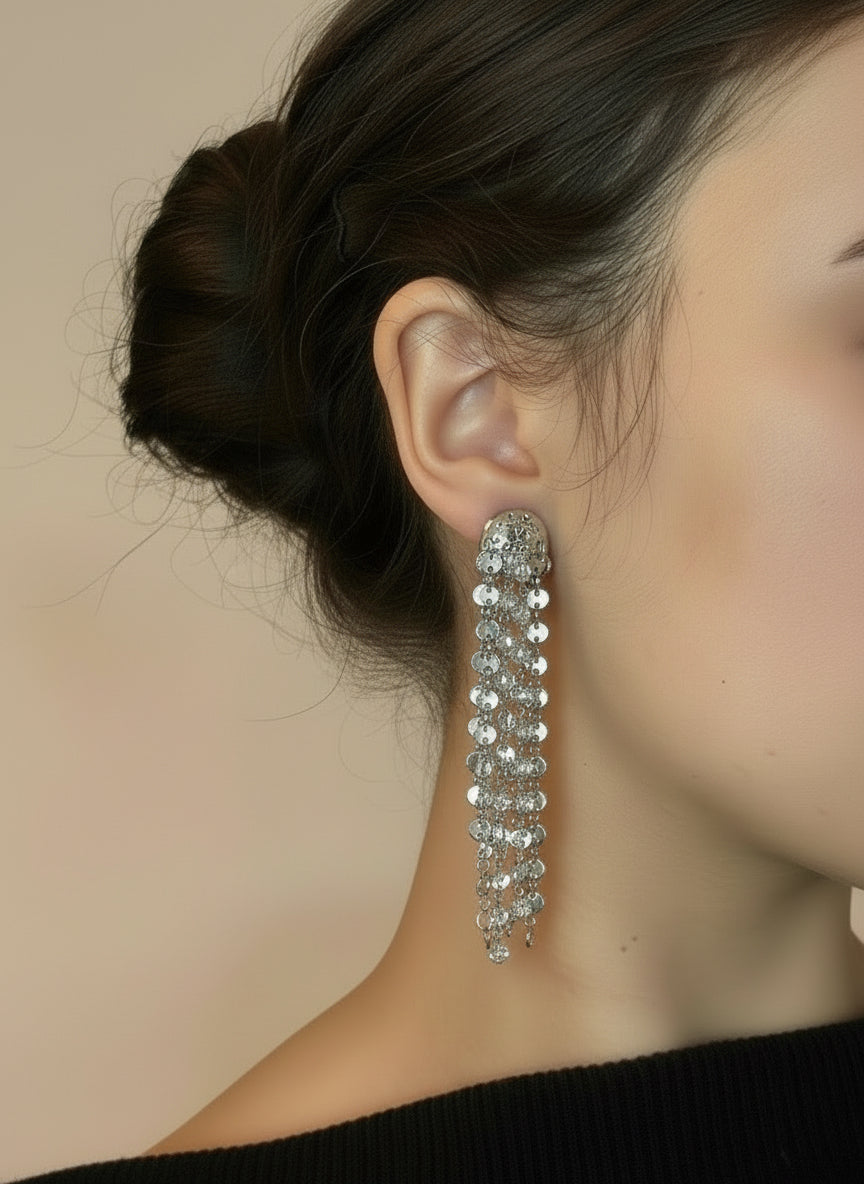 Large Dangle Silver-Plated  Earrings  with Linked Strands