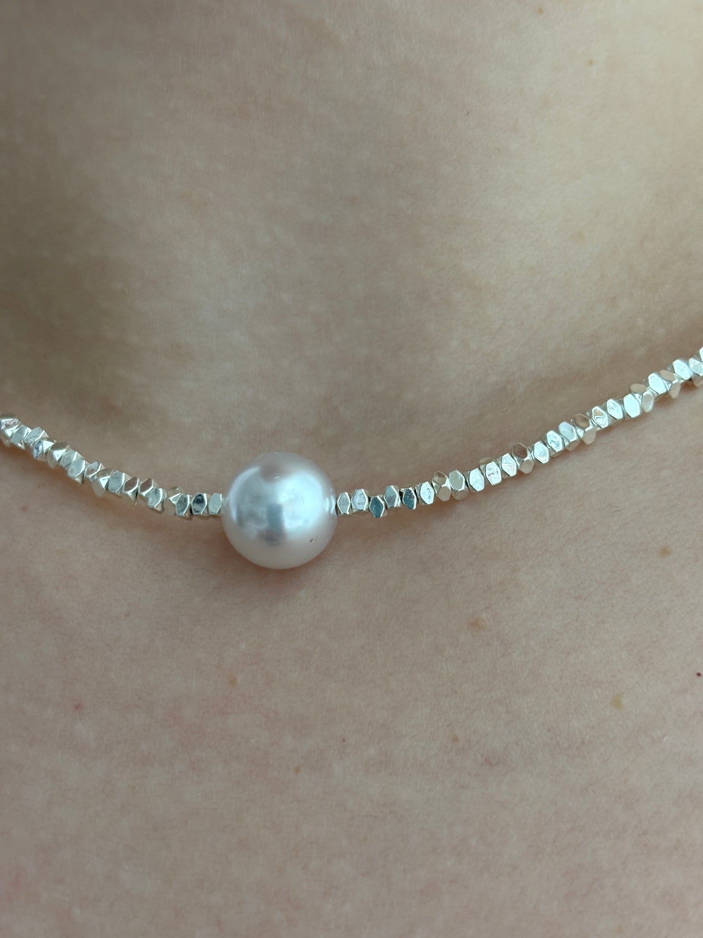 Solid Silver Faux Pearl Nugget Necklace