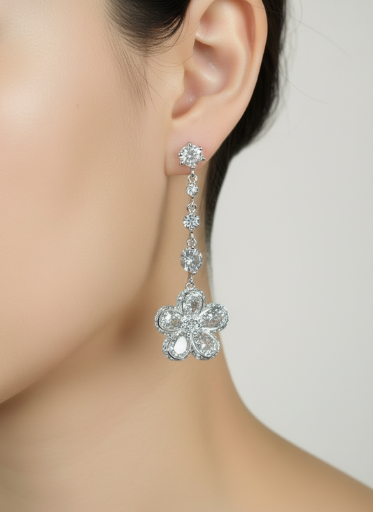 Dangling Zirconia Flower Silver Earrings