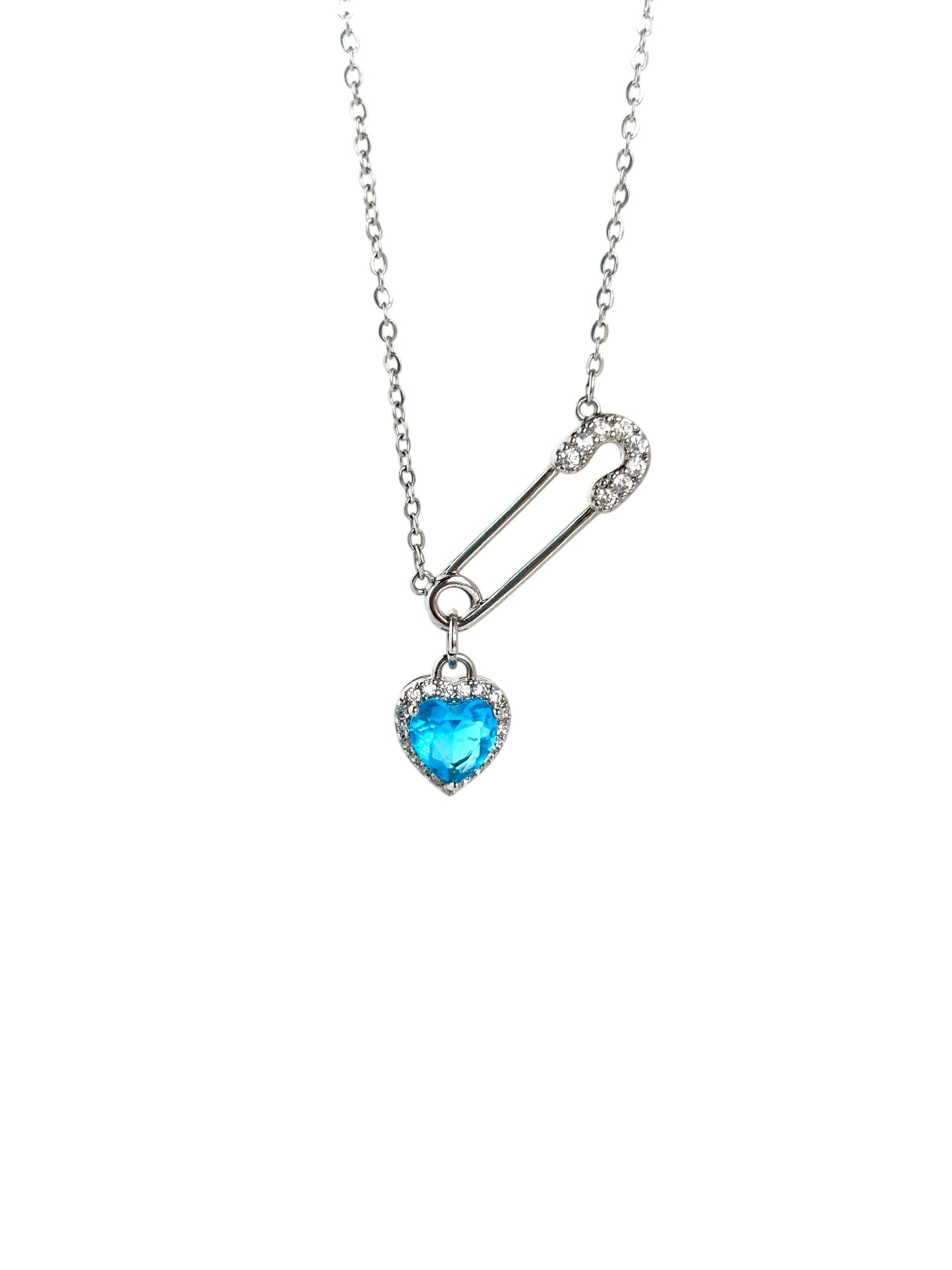 Blue Heart Silver Safety Pin Necklace