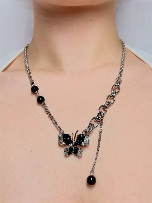 Black Crystal Butterfly Silver Necklace