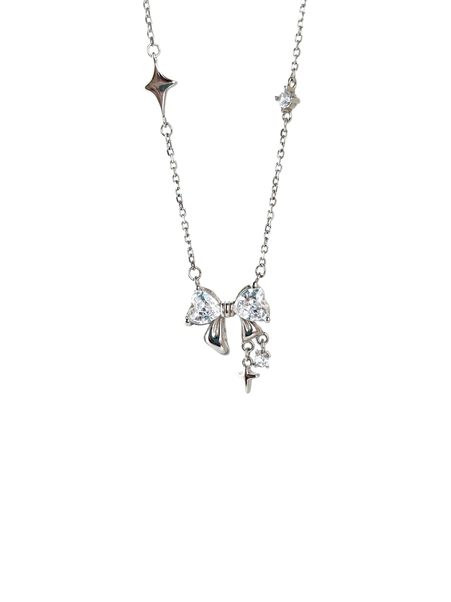 Stellar Solid  Silver Bow and Star Necklace