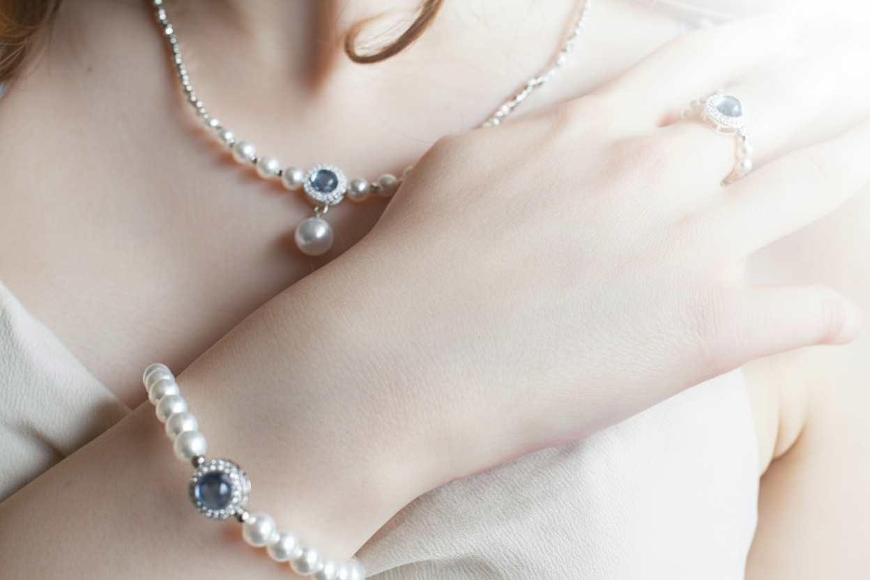 Luna Pearl Silver Elegance Set ( Necklace, Bracelet, Ring)