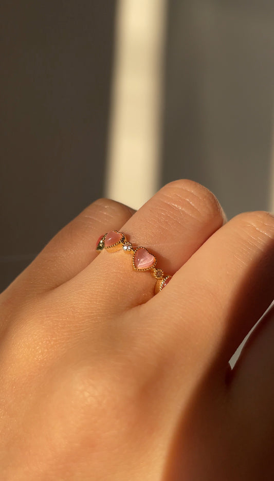 Pink Heart and Zirconia Adjustable Gold Ring