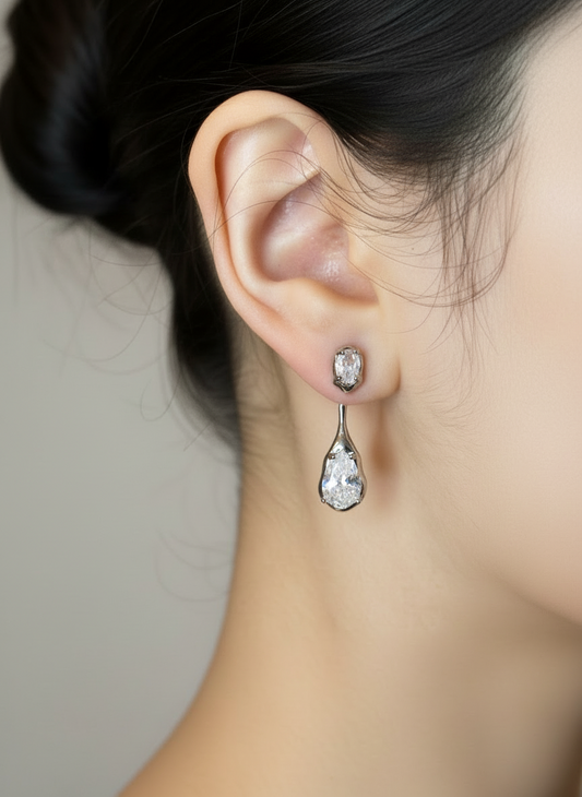 Silver Zirconia Warped Teardrop Jacket Earrings