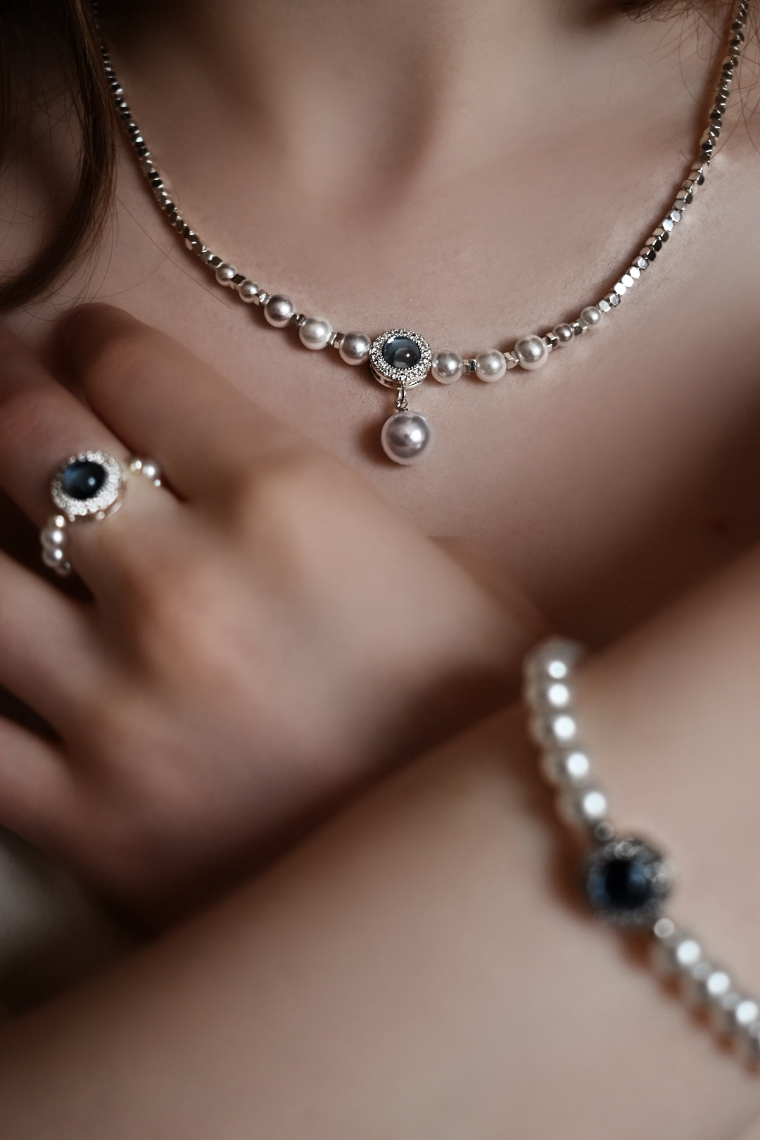 Luna Pearl Silver Elegance Set ( Necklace, Bracelet, Ring)