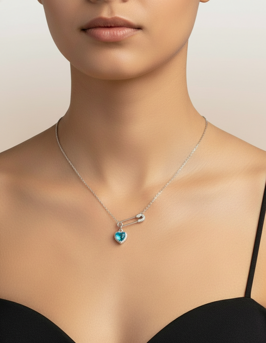 Blue Heart Silver Safety Pin Necklace