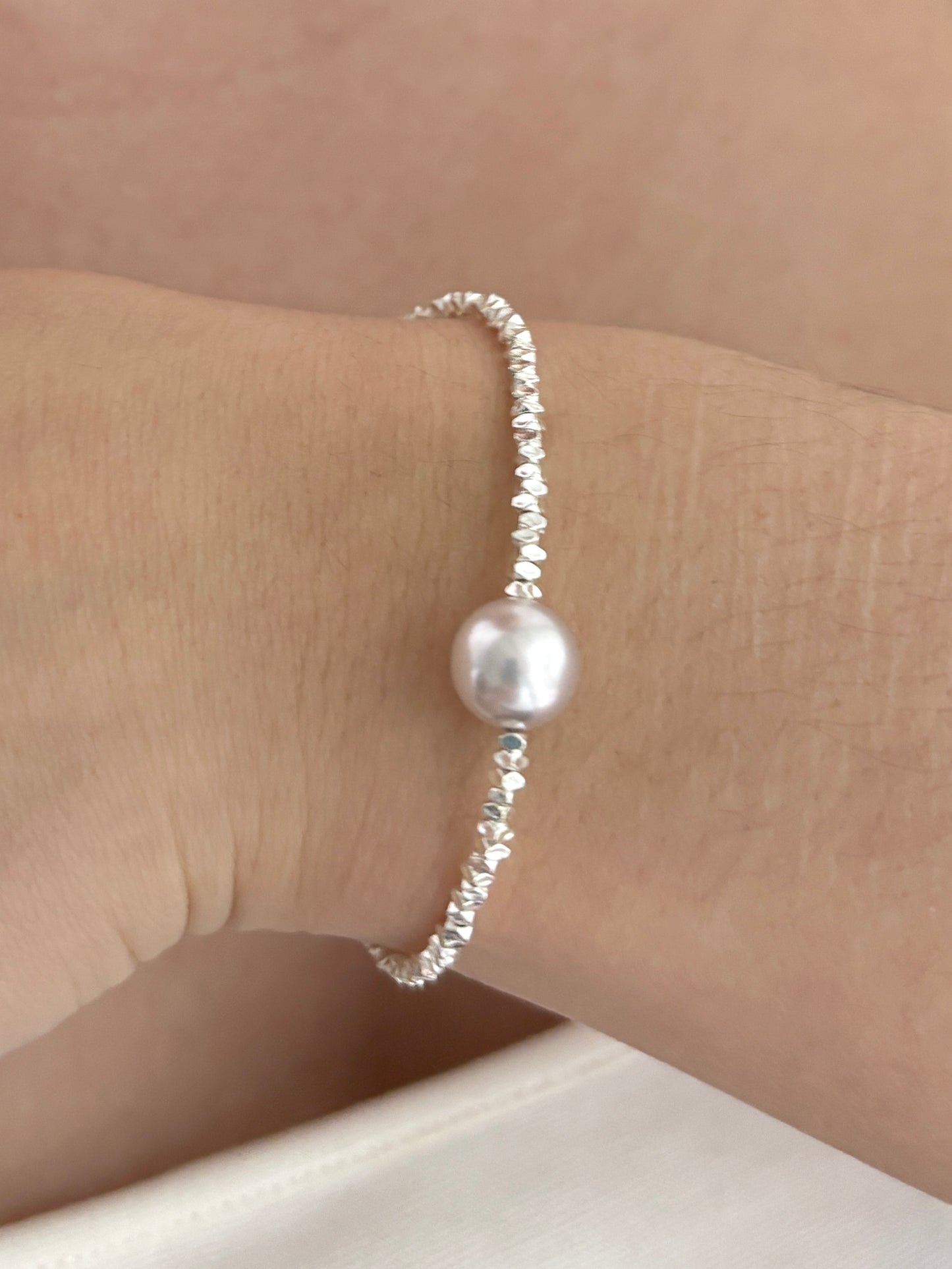 Solid Silver Faux Pearl Nugget Bracelet
