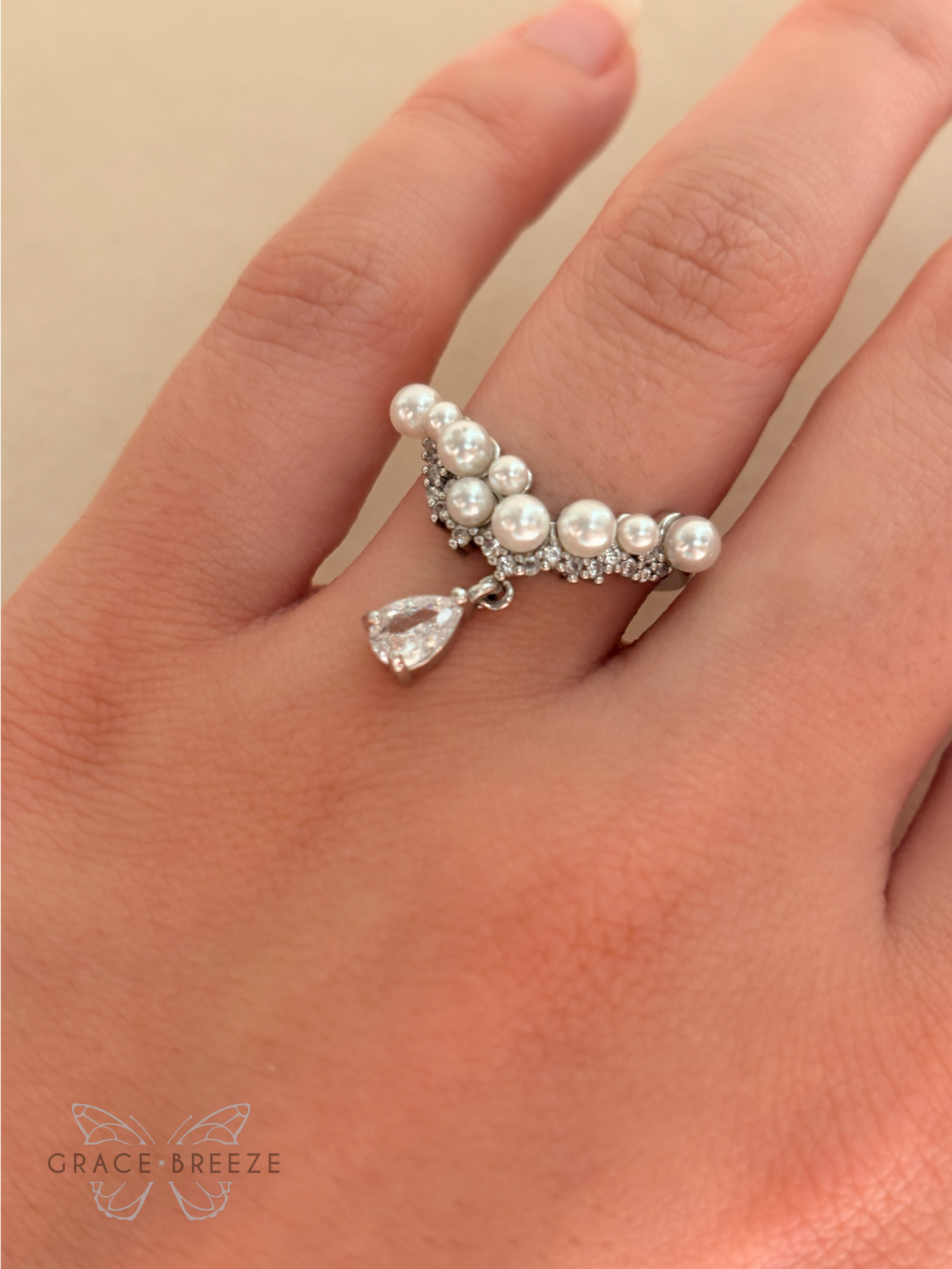 Pearl Droplet Tiara Adjustable Ring
