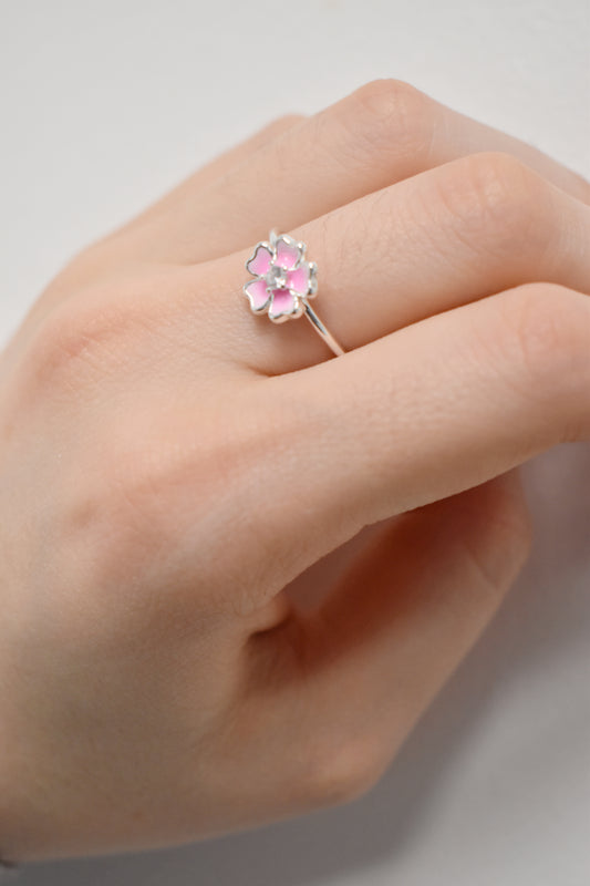 Petal Pink Solid Silver Adjustable Flower Ring