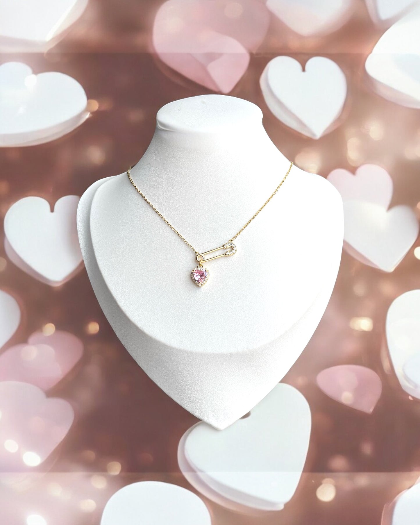 Pink Heart Gold Safety Pin Necklace