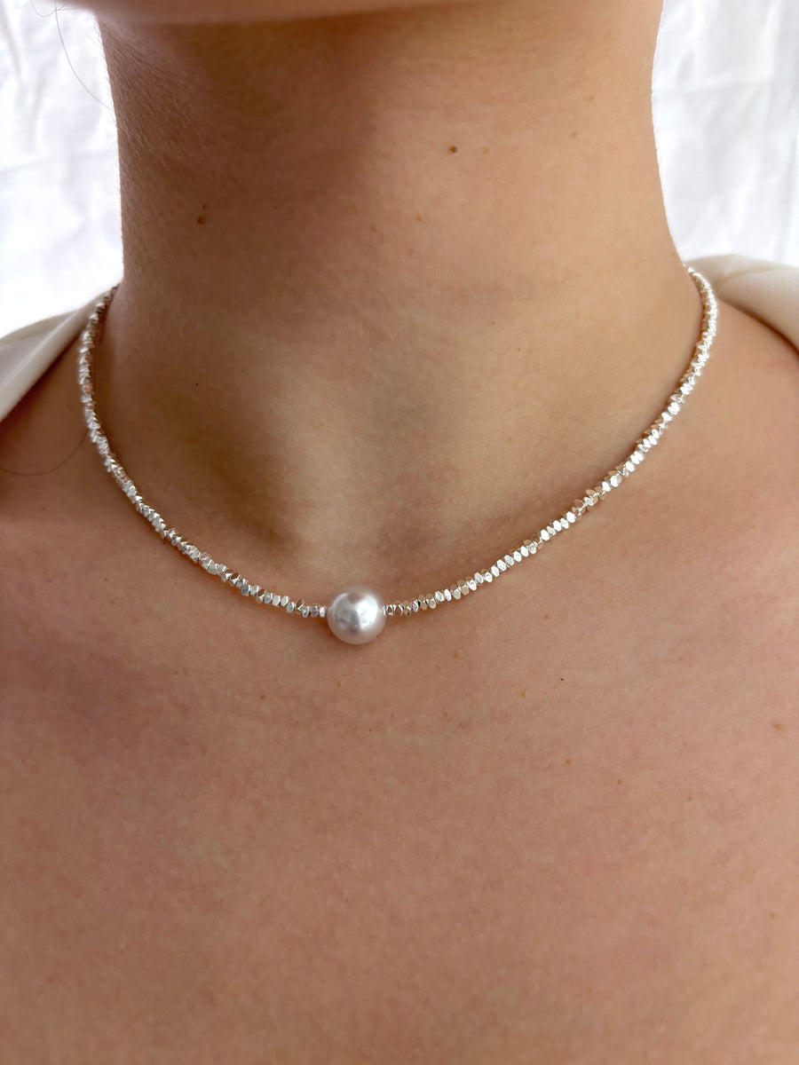 Solid Silver Faux Pearl Nugget Necklace