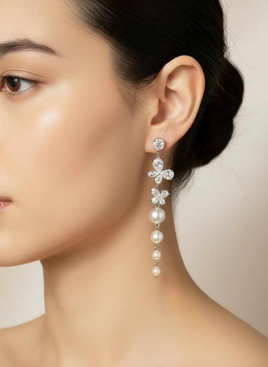 Long Dangling Zirconia Flowers with Faux Pearls Earrings