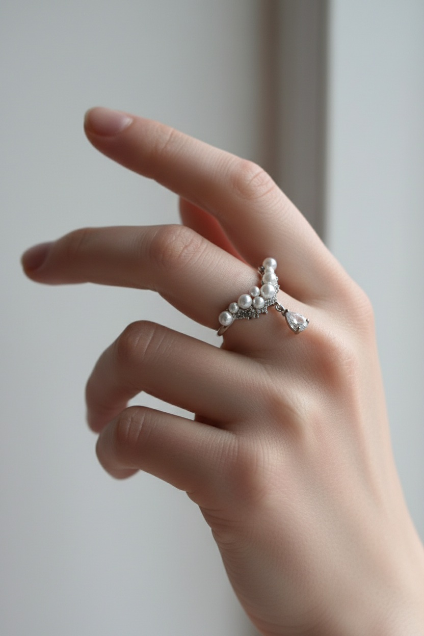 Pearl Droplet Tiara Adjustable Ring