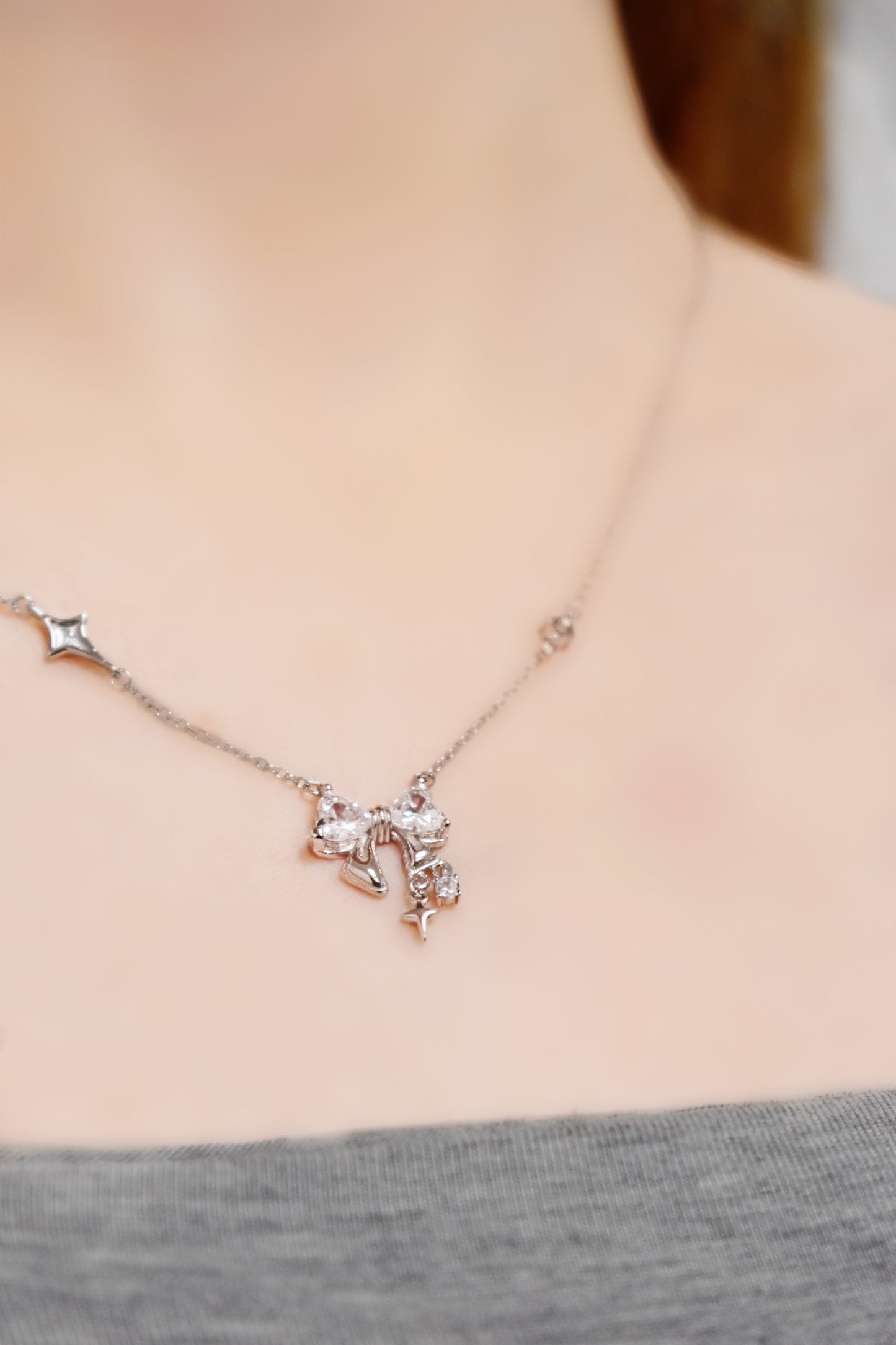 Stellar Solid  Silver Bow and Star Necklace