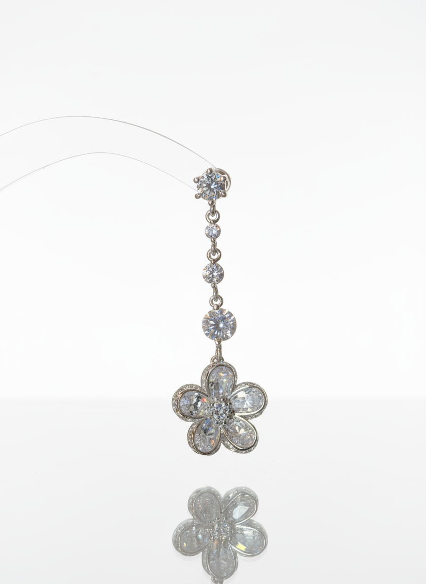 Dangling Zirconia Flower Silver Earrings