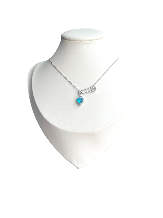 Blue Heart Silver Safety Pin Necklace