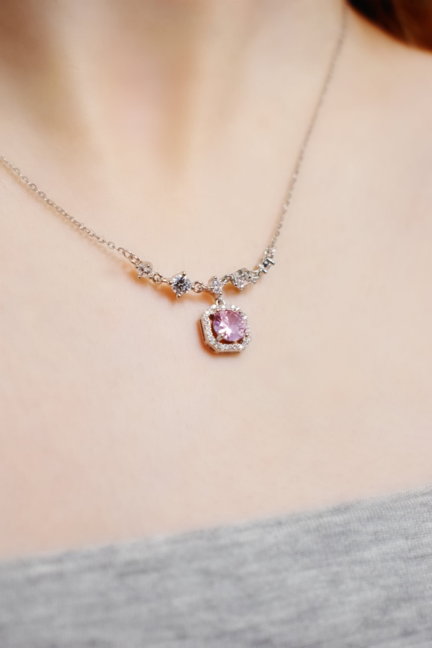 Rose Radiance Pink Zirconia Solid Silver Necklace