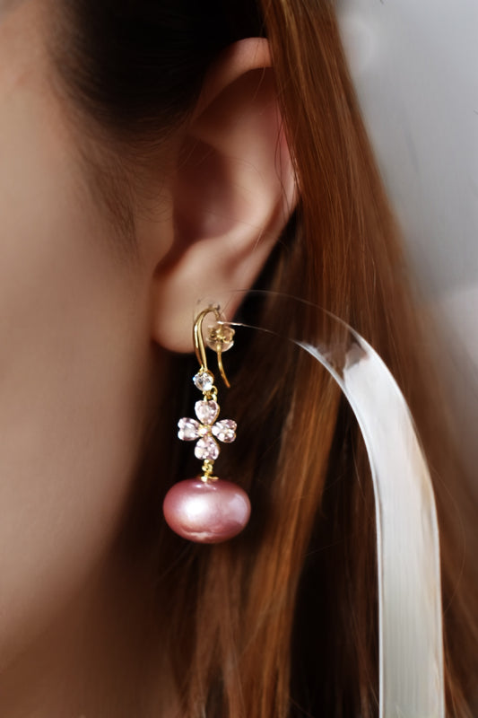 Pink Floral Pearl Drop Earrings