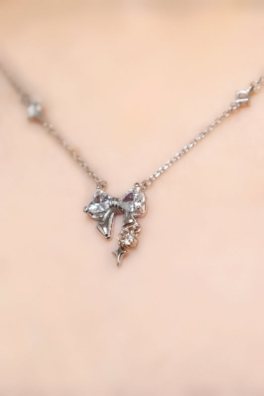 Stellar Solid  Silver Bow and Star Necklace